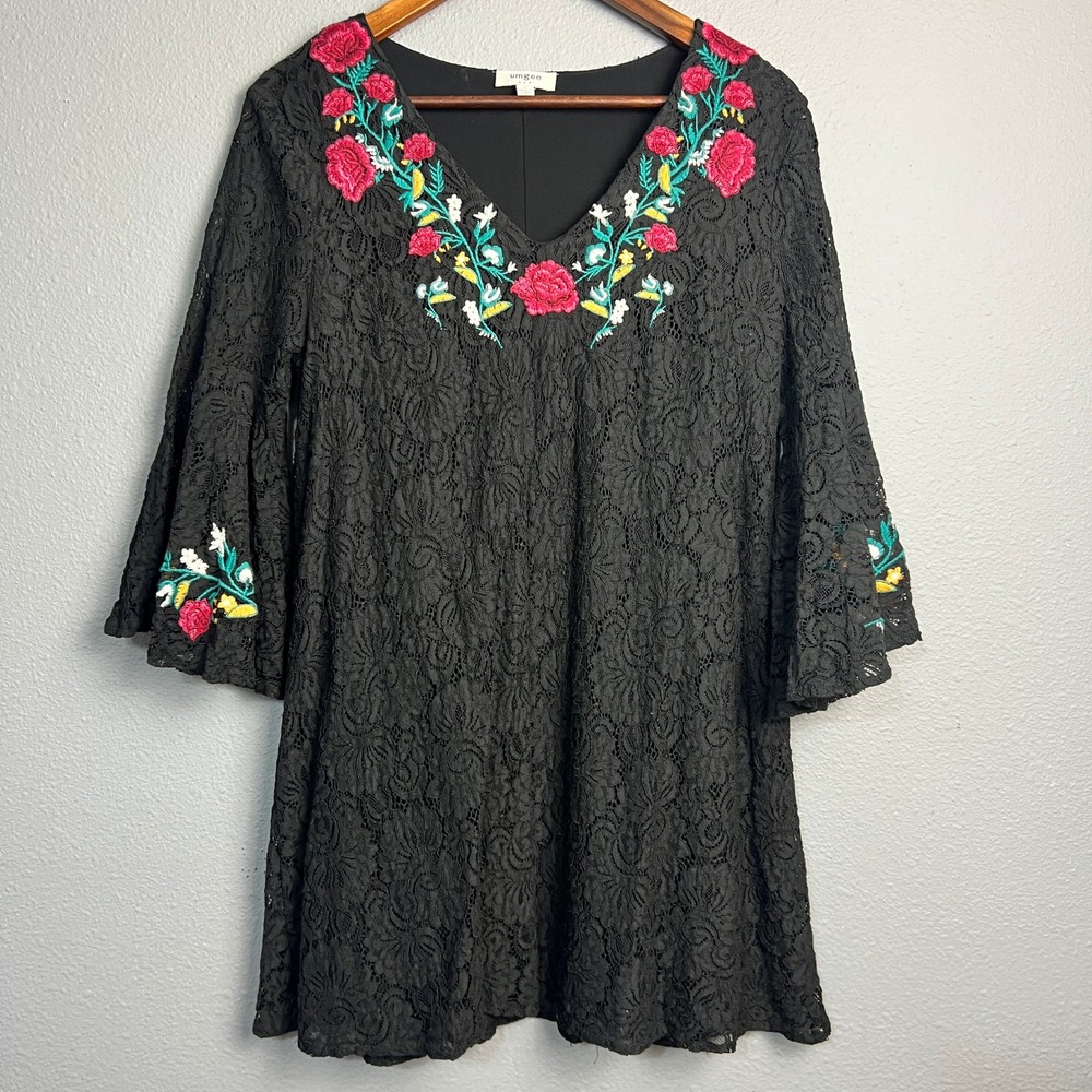 Umgee Embroidered Fairy Goth Lace Dress Floral Bell Sleeve Bohemian Black Size S